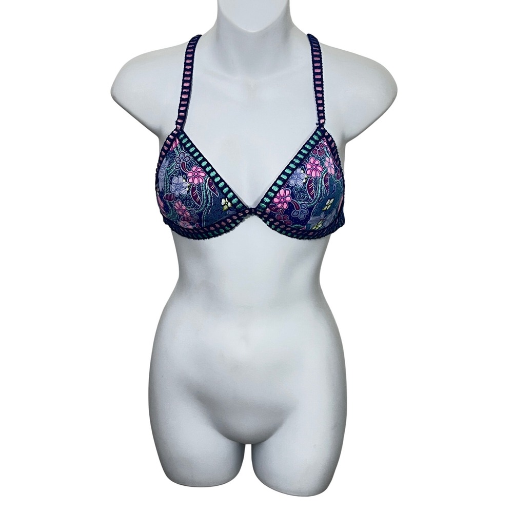 Victoria's Secret Bikini Top Women Medium Blue Floral Paisley Crochet Trim